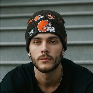 NWT New Era NFL Cleveland Browns Cuffed Beanie Orange Helmet Embroidered Patches